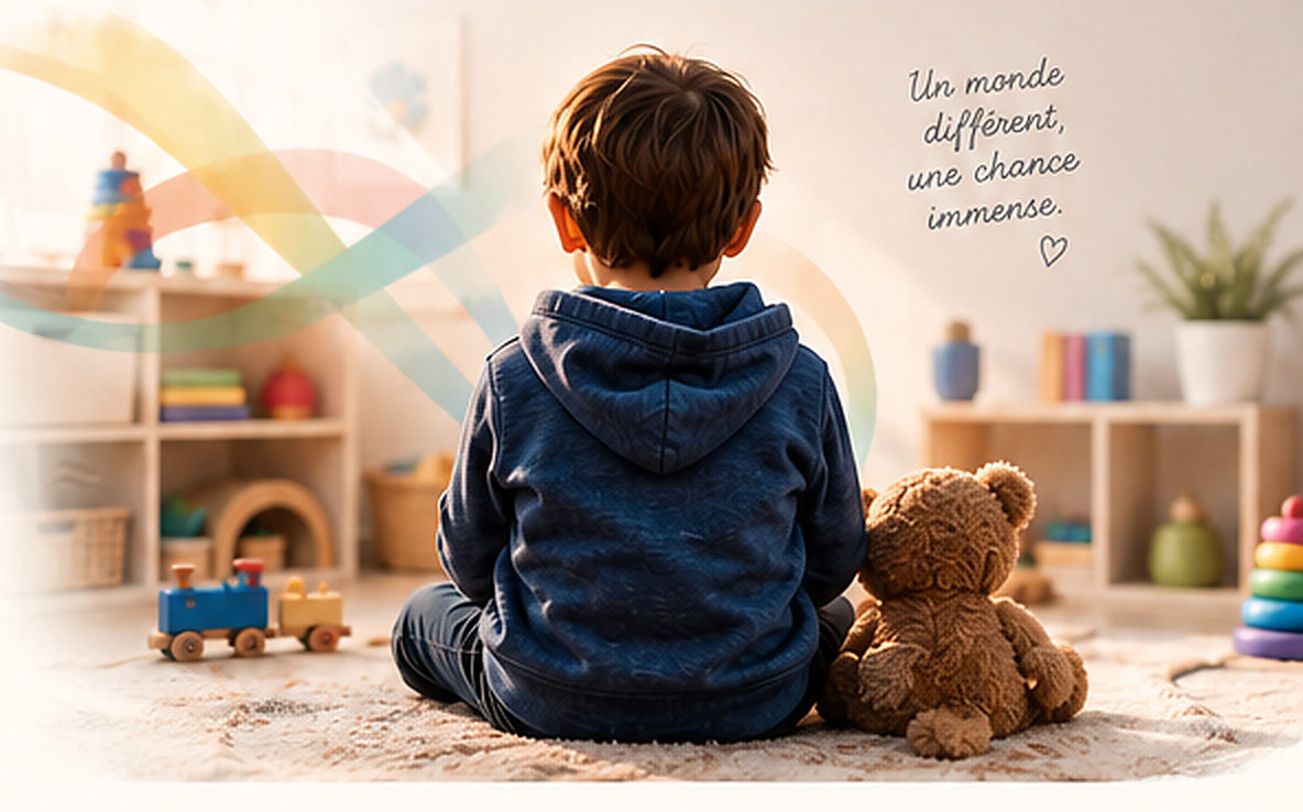 Enfant assis de dos avec un ours en peluche dans une chambre chaleureuse