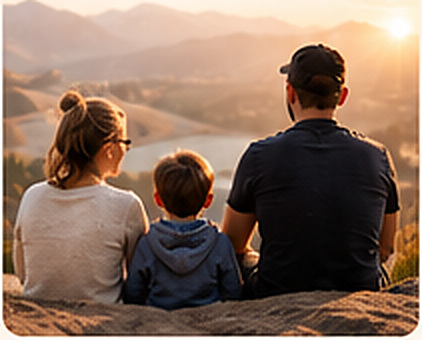 Famille assise face au coucher de soleil